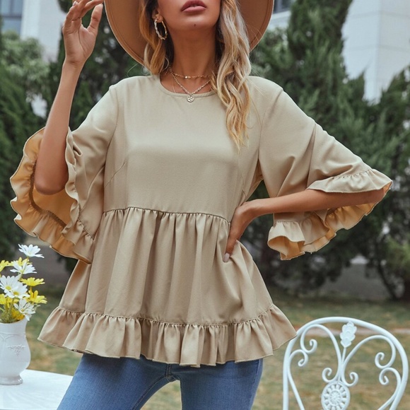 Tops - khaki ruffle babydoll boho loose fit blouse